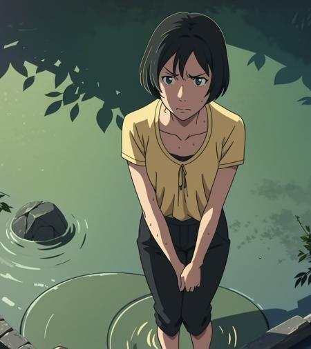 <lora:YukGow:1> YukGow woman standing in a shallow lake soaking wet looking angry , water, ripples, centered, standing in water, knee-deep, from above, symmetrical, messy black hair, skinny, soft focus,
anime art style, masterpiece, 1girl, solo