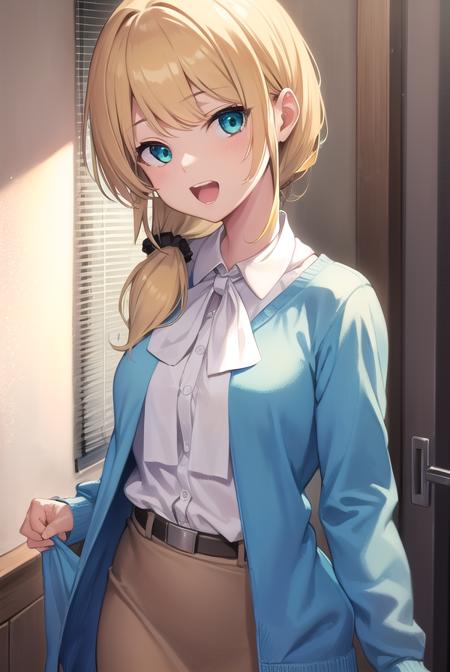 ellenbaker, <lora:ellenbaker-lora-nochekaiser:1>,
ellen baker, blonde hair, (green eyes:1.5), long hair, ponytail, scrunchie, <lora:talkmouth_A_v100:0.8>, open mouth,
BREAK shirt, white shirt, collared shirt, cardigan, blue cardigan, belt, skirt, brown skirt, pencil skirt,
BREAK indoors, classroom,
BREAK looking at viewer, (cowboy shot:1.5),
BREAK <lyco:GoodHands-beta2:1>, (masterpiece:1.2), best quality, high resolution, unity 8k wallpaper, (illustration:0.8), (beautiful detailed eyes:1.6), extremely detailed face, perfect lighting, extremely detailed CG, (perfect hands, perfect anatomy),