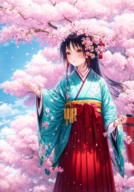 1girl, bangs, bare_tree, blue_sky, blush, bow, branch, breasts, bridge, cherry_blossom_print, cherry_blossoms, day, eyebrows_visible_through_hair, falling_petals, floating_hair, floral_print, flower, graduation, hair_flower, hair_ornament, hakama, hakama_skirt, hanami, in_tree, japanese_clothes, kimono, long_hair, long_sleeves, looking_at_viewer, meiji_schoolgirl_uniform, outdoors, parted_lips, petals, petals_on_liquid, pink_flower, pink_kimono, plum_blossoms, print_kimono, red_hakama, sakura_miku, sitting_in_tree, skirt, sky, solo, spring_\(season\), standing, torii, tree, tube, very_long_hair, wide_sleeves, wind, wisteria, yellow_eyes <lora:style_gotoP:1>