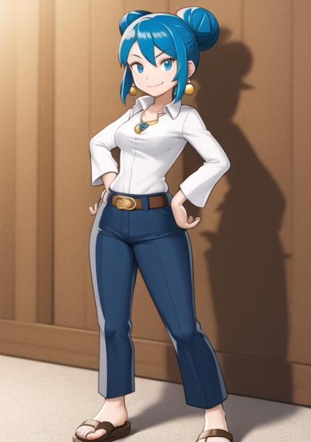 <lyco:RangerChar-08:0.7> 1girl, solo, breasts, smile, blue eyes, shirt, jewelry, blue hair, standing, full body, earrings, belt, pants, necklace, hair bun, sandals, single hair bun, hands on hips, official style, capri pants