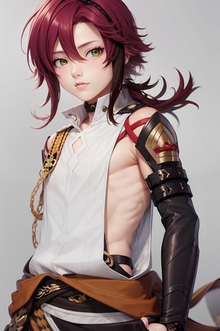 masterpiece, best quality,Shikanoin Heizou (genshin impact), 1boy, male focus, kurokote, green eyes, kote, multicolored hair, mole under eye, red hair, solo, mole, black choker, japanese armor, looking at viewer, choker, armor, streaked hair, aiguillette, sleeveless, ahoge, long hair, low ponytail, (grey background:1.4),(kbxll:0.6)