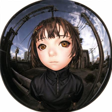 <lora:fisheye2:1>, fisheye, 

<lora:range_murata2:1>, murata renji, range murata, 1girl, asymmetrical bangs, bangs, black shirt, brown eyes, brown hair, building, closed mouth, english commentary, expressionless, hair ornament, io \(onisarashi\), long sleeves, looking at viewer, night, photo background, power lines, shirt, short hair, single sidelock, skyscraper, solo, sweater, upper body, x hair ornament, serial experiments lain, iwakura lain