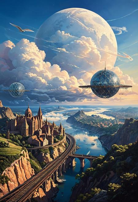 (landscape creator, landscape:1.5), a wanderer between worlds in flowing clothes, (epic landscape:1.5),  (style Historical drawing), (style Historical painting),best quality, masterpiece, extremely detailed,  professional  art,  professional painting, an extremely delicate and beautiful, dynamic,  great lighting, perfect shading, professional shading, depth of field,   side soft light, elegant, gorgeous, highly detailed,   full shot, uncropped,   pure genius, absolutely perfect,  highly detailed, breathtaking,(no humans:1.5), 
A city in the clouds. Train tracks in the sky connecting islands of clouds. Small flying machines. Geodesic domes and helix towers rise above the wispy clouds. 
<lora:psychedelic_trip:0.7> psychedelic trip,
<lora:EldritchRomanceIllustration1.3.1:0.5>,
<lora:- SDXL - vanta-black_contrast_V3.0:0.2>,
<lora:add-detail-xl:1>,
<lora:detailed_notrigger:1>,