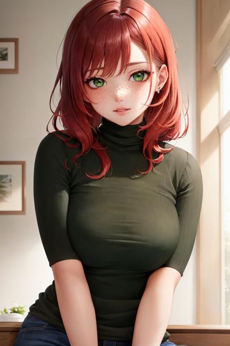 masterpiece, best quality, ultra-detailed, beautiful lighting, 1girl, red hair, green eyes, freckles, turtleneck, looking at viewer