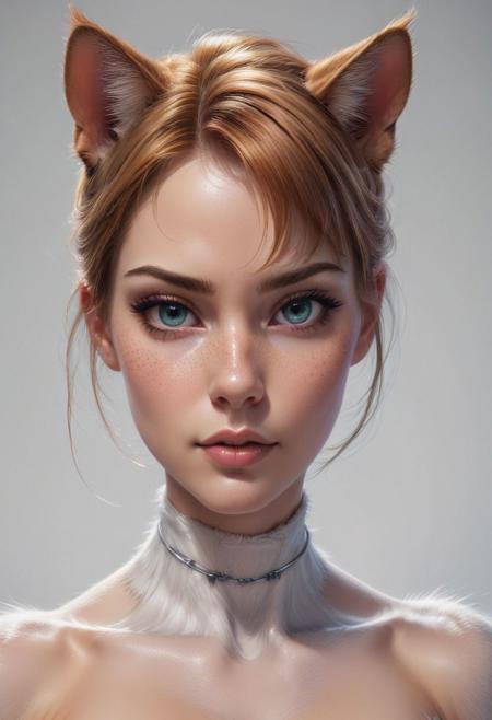 Anna as a cat, seductive pose, fur body, whiskers, philtrum, style of stanley artgerm, artgerm style, white background, simple background