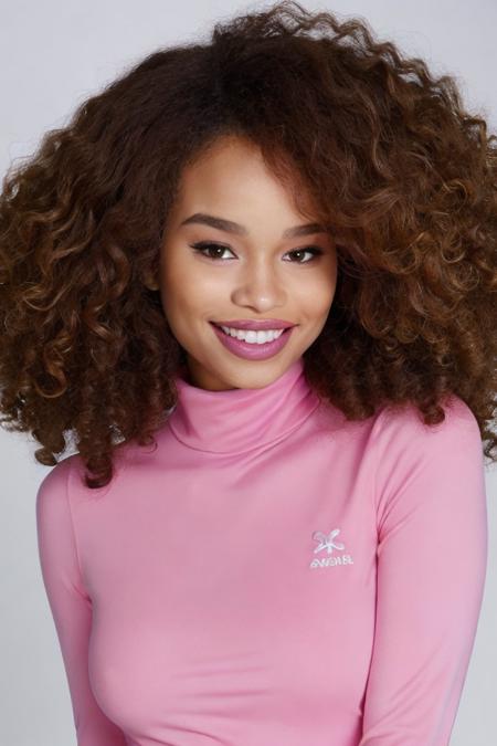 Portrait close up photo of c3c1l14l10n woman, pink turtleneck blouse, makeup lipstick, slight smile