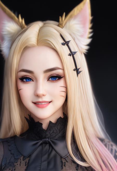 Masterpiece, absurdres, fine detail, HDR, highly detailed face and eyes, photorealistic, smiling, Abad, a blonde woman in a black outfit posing for a picture , wearing Abad, Abad_face tattoo, animal ears,  <lora:Abad:0.7>