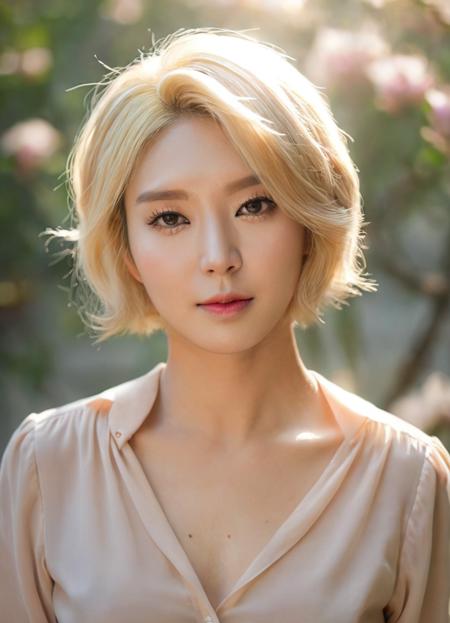 a beautiful picture of ch04xlv2,blonde,short hair, detailed skin texture,masterpiece, face focus, photorealistic, woman, 4k, HDR, backlighting, bloom, light, RAW color photo,(fully in frame:1.1), (blush:0.5), (goosebumps:0.5), wearing a blouse, asian. happy, idol  <lora:ch04xlv2:1>