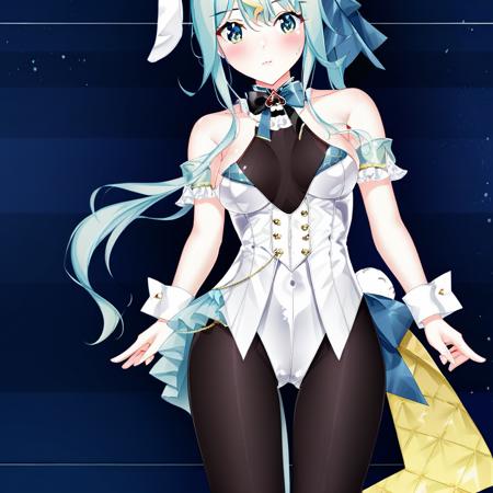 KaminariClara, blue hair, long hair, blue eyes, rabbit ears, multicolored hair, streaked hair, blonde hair, bangs, ponytail mini top hat, black headwear, fake animal ears, playboy bunny, wrist cuffs, pantyhose, leotard, bare shoulders, white leotard, black pantyhose, medium breasts, see-through cleavage