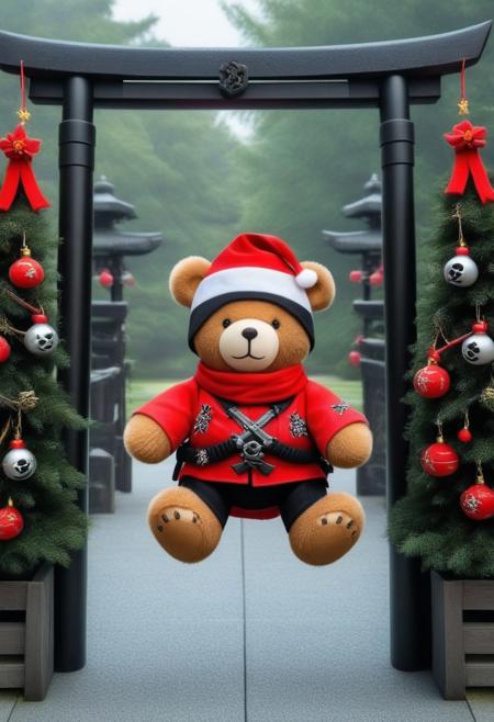 A teddy bear dressed in a ninja costume, Shuriken-shaped ornaments on the tree, with a Santa sack on his back, Samurai helmets combined with Santa hats, Torii gate in the background,