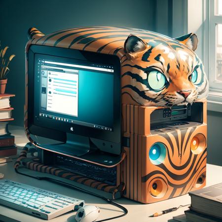 <lora:TigerstripeAI-15:0.8>TigerstripeAI colored computer on a desk