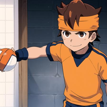 <lora:Mark Evans:0.7>,Mark Evans,head band,orange football uniform,brown hair,smirk,brown eyes,goal keeper gloves,standing infont of a goal