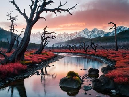 foreboding, twilight-hued valley in the heart of a twisted realm where terror lurks. the landscape is  a winding, black-as-obsidian river that appears to be alive, with tendrils of darkness slithering out of its depths. Towering, gnarled trees with bark that seems to shift and writhe like living serpents, their branches grasping towards the sky like skeletal fingers. A range of jagged, crimson-hued mountains in the distance, with peaks that appear to be bleeding a slow, viscous liquid. A dark, misty fog that clings to the terrain like a malevolent entity, imbuing everything it touches with an aura of dread and foreboding. Strange, glowing mushrooms or fungi scattered throughout the landscape, emitting an eerie, pulsing light that seems to be calling out for attention. In the foreground, a lone figure (perhaps a hooded traveler, a twisted creature, or a ghastly apparition) stands at the edge of the river, bathed in the faint glow of the mushrooms. This figure should appear fragile and insignificant against the backdrop of this surreal horror landscape. <lora:FILM_PHOTOGRAPHY_STYLE:1> film photography style, light grain