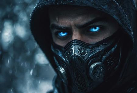 cinematic film still of  <lora:Mortal Kombat style:1>
Mortal Kombat style, fictional universe consisting of numerous realms, a man with half side and half side,a mix between sub-zero and scorpion,with fire and ice,white eyes,ninja costume,closeup,staring at camera,looking at viewer,blue eyes,1boy,weapon,male focus,multiple boys,sword,hood,2boys,gun,mask,glowing,katana,portrait,glowing eyes,hood up , Live-action, white sclera eyes, muscular, fitness, fighters, Action-adventure, brutal and gruesome, Mortal Kombat style, mk style, shallow depth of field, vignette, highly detailed, high budget, bokeh, cinemascope, moody, epic, gorgeous, film grain, grainy
