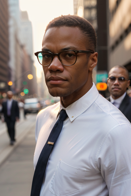 MalcolmX, photography by (Rodney Smith:1.3), ((upper body focus, shoulders)), modelshoot, pose, (dark business suit, jacket, white shirt, skinny tie, facing viewer, busy Manhattan sidewalk, looking at viewer, blurry background, bokeh, ID photo:1.3), serious look, eyeglasses