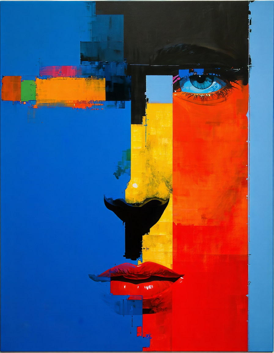 An abstract, colorful painting of a human face. The face is divided into geometric sections with vibrant colors including blue, red, orange, yellow, green, and black. The right side of the face features a detailed blue eye, while the lips are prominently red. The background is predominantly blue, with various blocks of color intersecting the face, creating a fragmented and modern artistic effect. 