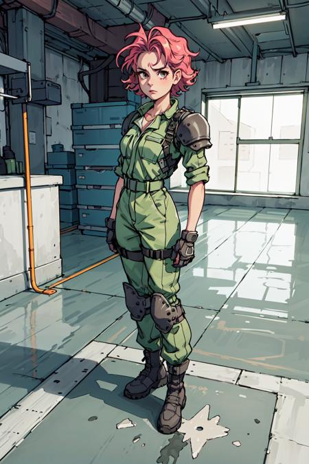 sarahsirenwhite armor,shoulder pads,pauldrons,uniform,jumpsuit,military uniform,pink hair,short hair,boots