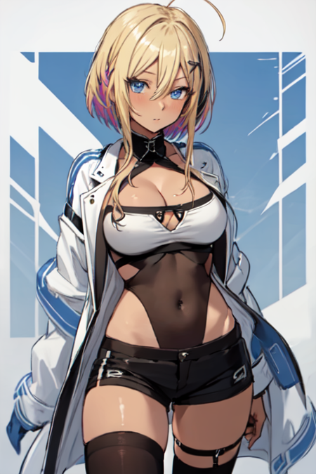 Marblehead, 1girl, solo, blue eyes, blonde hair, dark-skinned female, large breasts, hair ornament, black thighhighs, long sleeves, cleavage, ahoge, sidelocks, open clothes, short shorts, hairclip, leotard, streaked hair, white coat, covered navel, thigh strap, black shorts, short hair with long locks, gyaru, breast tattoo