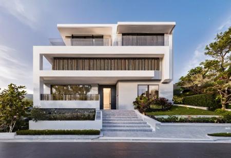 full facade one stunning house building  on the street, modern villa with,architectral view,beautiful landscape,housev1