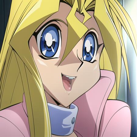 (masterpiece, best quality), TakahiroKagami, 1girl, long hair, blonde, big eyes, light blue eyes, pink coat, smile <lora:takahirokagamiyugioh-000009:1>