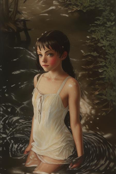 <lora:lostgirls:1>, lostgirls, a painting of a woman emerged in water, wet dress, wholesome