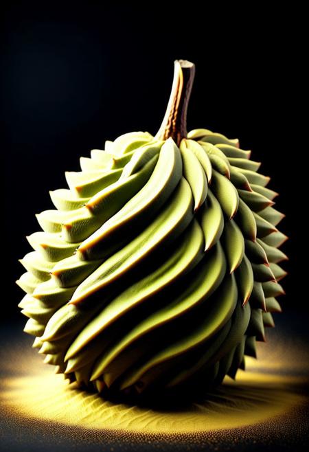 8K analog photo, Tilt shift photography style, nutstylesnut, swirling a large durian fruit, close up, dark background, minimalist,