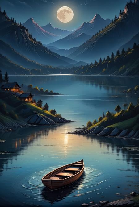 xl_kk, small wooden row boat, lake, mountain background, moonlit, full moon, masterpiece <lora:Saturated_Landscape_XL-KK:1>