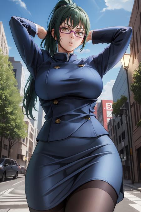 MakiS1, solo, bangs, 1girl, ponytail, green hair, glasses, school uniform, looking at viewer, cowboy shot, jacket, closed mouth, semi-rimless eyewear, long hair, breasts, skirt, long sleeves, expressionless, yellow eyes, pantyhose, blue jacket, standing, arms behind head, arms up, blue skirt, black pantyhose, parted lips, high ponytail, outdoors, buildings, streetlights, trees, bushes, clouds, sky, angry face, (from below:1.3), <lora:MakiS1:0.8>
BREAK
masterpiece, best quality, highly detailed background, perfect lightingbest quality, ((shiny skin, glossy skin, detailed skin))