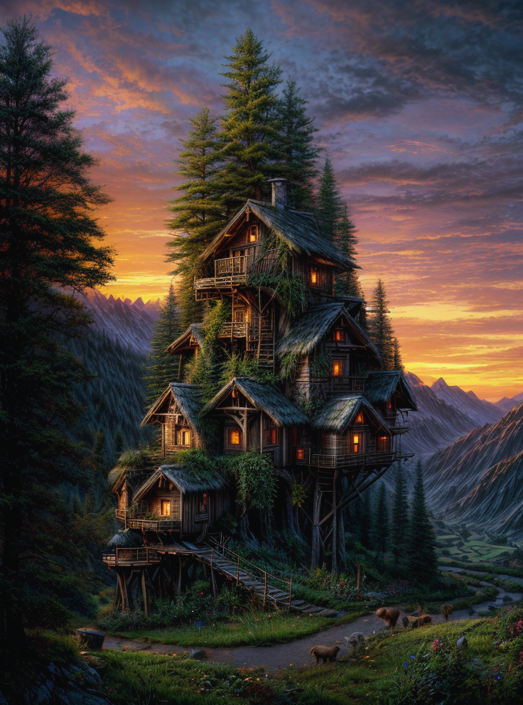 valley, fairytale treehouse village covered, , matte painting, highly detailed, dynamic lighting, cinematic, realism, realistic, photo real, sunset, detailed, high contrast, denoised, centered, michael whelan, <lora:more_details:1.5>
