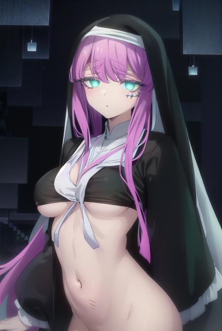 sister gigant, long hair, very long hair, (green eyes:1.3), pink hair, facial mark, long sleeves, dress, black dress, underboob, veil, nun, habit,