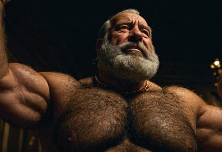 (photo, realistic, raw), (nighttime, at night, dark, dark hard shadows, cinematic atmosphere, movie grain, hazey atmosphere), closeup from below, (etherial, spiritual, emperor, king, god), old burly buff gentleman with beard, old manly mature man, combed back hair,  doublechin, old hairy tanned grandpa, wrinkly neck, hairy chest, proud big hairy chest, thick neck, hairy armpits, tanned skin, tight golden spandex, gold jewellery, gold necklace, in a dark locker room at night, nighttime, arrogant disgusted disappointed smile, intimite situation, romantic atmosphere, stern, serious, angry, sad expression,