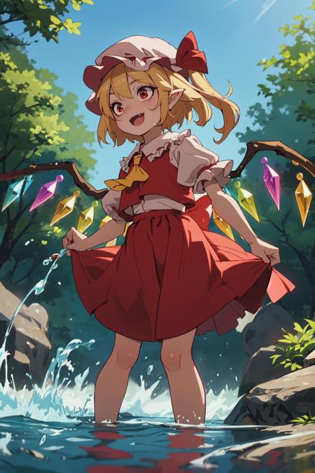 flandre scarlet, mob cap, skin fang, blonde hair, red eyes, superb, looking down, splashing in a stream, nature, outdoors