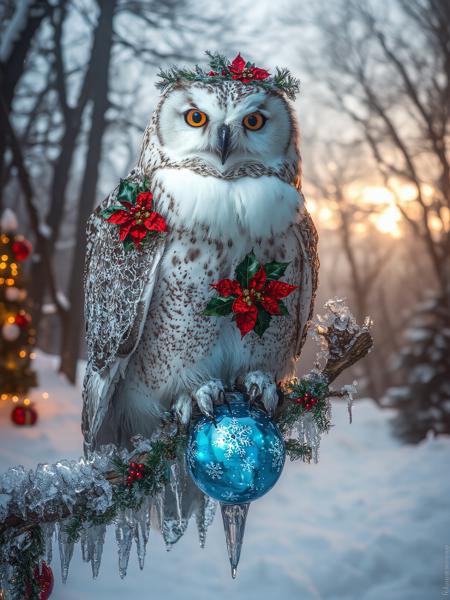 A large snowy owl with feathers shimmering like frosted lace, wearing a crown of poinsettias and holly leaves. Its wings are tipped with glowing blue patterns resembling snowflakes, and its talons grip a crystal orb. It perches on a branch covered in icicles and garlands, with a glowing winter forest in the background
