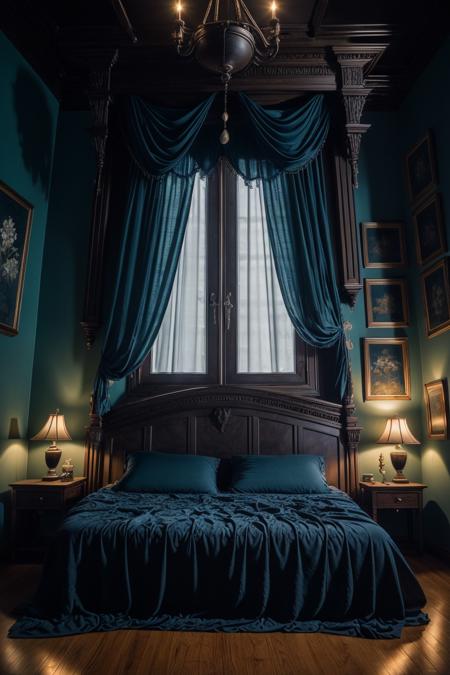 photography, bedroomgothic twinbed, gothic, dim light, mirror, gargoyle, dark curtains, flower paintings, ornament, wooden floor, blue light, dawn, <lora:ARWBedroomGothic:1>