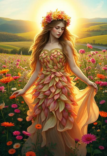 Masterpiece. An image of the goddess Flora, the Roman deity of flowers, spring, and renewal. She is depicted as a graceful figure with flowing hair adorned with a crown of vibrant blossoms. Her attire is a flowing, ethereal dress made of petals in shades of pink, green, and gold, symbolizing the abundance of nature. Surround her with a lush garden filled with colorful flowers in full bloom, and a soft golden light that enhances the scene's magical and serene atmosphere. The background should include rolling meadows and a clear blue sky. Fine art, Preraphaelite, Waterhouse, Rossetti, high-res, semi realistic, best quality, intricate details, ultra details, good lighting, vibrant colors, very detailed, octane render, ray tracing