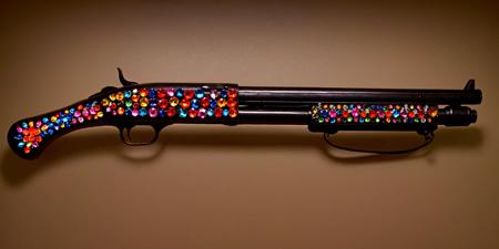 a colorful neon shotgun, crystal embellishment ,