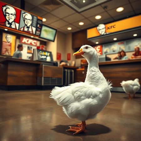 anatomically correct, (hyper realistic, ultra detailed), complex shadows, intricate details, white duck, animal focus, black eyes, fluffy, short, standing, restaurant, KFC, white duck is on the floor, white duck is in front of cashier counter, white duck is looking at the tv display menu, the cashier is confused as to see a white duck, kitchen staff are visible in shot, full shot,