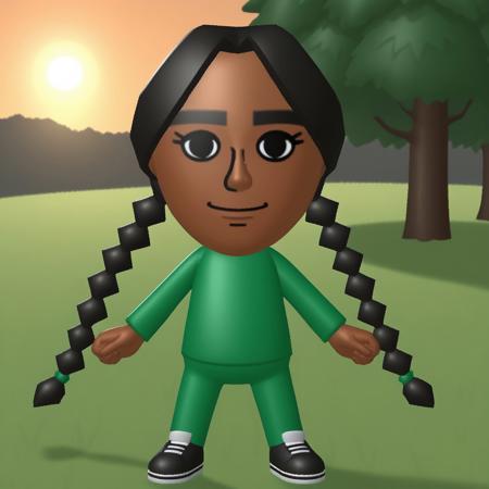 wii, mii, wii sports, 1girl, female mii, black eyes, thick eyebrows, black hair, low braids, dark skin, dark green clothing, black pants, shoes, cute, nintendo mii, modern_mii, classic_mii, breasts, laura_(wii_sports)