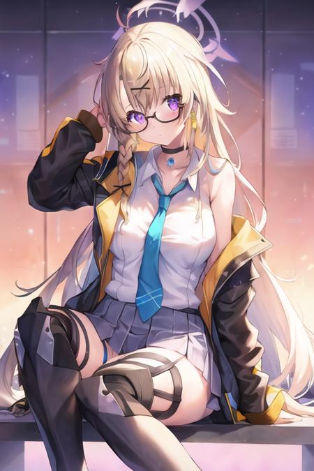 1girl, otose_kotama, halo, blonde hair, long hair, bang, hair ornament, side braid, purple eyes, glasses, choker, jacket, open clothes, white shirt, necktie, short skirt, boots <lora:otose_kotama:0.8>