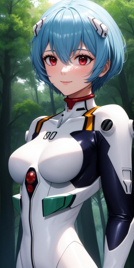 reiayanami, 1girl, solo, red eyes, light blue hair, short hair, bangs, hair between eyes, shiny hair, hair ornament, interface headset, headgear, bodysuit, plugsuit, white bodysuit, shiny clothes, bodysuit, plugsuit, black bodysuit, shiny clothes, school uniform, tokyo-3 middle school uniform, white shirt, short sleeves, blue skirt, suspender skirt, neck ribbon, red ribbon,