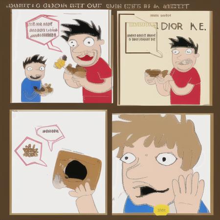 <lora:sbahj-28:0.8> comic, multiple boys, cereal, cereal bowl, cereal box, speech bubble