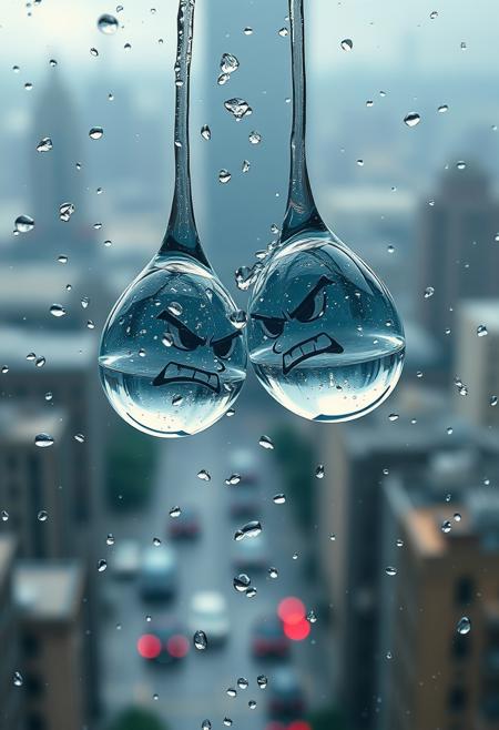 "Hyper-realistic scene: two raindrops, each with a furious expression, plummet towards the ground together, their transparent bodies glistening with refracted light. As they fall, they engage in a fierce battle, their water fists clenched and swinging wildly at each other. The raindrops' faces are contorted in anger, with tiny, beady eyes and scowling brows. The surrounding air is filled with tiny, shimmering droplets of water, and the background is a blurred, impressionistic cityscape. The raindrops' movements are dynamic and chaotic, with tiny ripples and distortions in their surfaces as they collide and rebound. Style: photorealistic, with a focus on capturing the intricate details and textures of the raindrops, and a sense of energy and motion in the scene."
