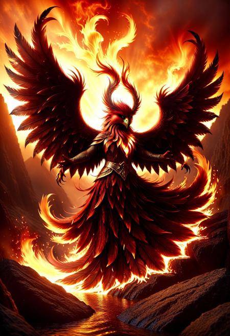 "Mythical phoenix warrior with radiant Wookiee-style flaming feathers, wings of molten fire that flicker and glow, perched on a rocky crag as a fiery sunrise casts golden light across the sky, vertical fantasy portrait, ethereal flames swirling around the bird, eyes burning with determination, intricate armor made of enchanted ash and golden filigree, fiery aura, dramatic lighting, sweeping fiery tail feathers, a symbol of rebirth and power, cinematic atmosphere, highly detailed fantasy illustration"