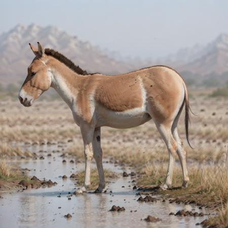 masterpiece, photorealistic, best quality, 8k,  water, river, walking,
 equus kiang, realistic, solo, day, animal, outdoors, sky, field, full body, desert, grass, <lora:equus_kiang_v1:0.83>