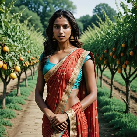 Indian woman, full body analogue photo of a beautiful 25 years old (dark skin) Indian woman, clear focus, high resolution image, dark haired woman,perfect face, <lora:Rhani_Indian.safetensors:0.6>, , Wearing traditional Indian clothes Sari,high quality, film grain, Fujifilm XT3, 8k uhd, dslr, film grain, kodak tri-x 400 film, grain photo DOF, faint lighting, dynamic angle, cinematic, Depth of field, bokeh, best quality, cinematic, light particles, highly_detailed, very_aesthetic, golden hour, beautiful_and_aesthetic ,Sexy pose, erotic pose, exhibitionism ,A peaceful orchard with rows of fruit trees and buzzing bees