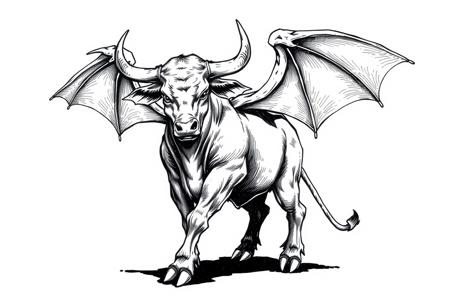 fantasy, ink art, comic style art, bull is standing with four feet, feet has claws, bat wings