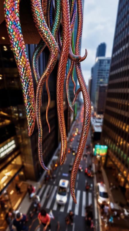 POV magical realism image of vibrant, multicolored  mettalic snakes of various sizes bouncing off the edge of a towering skyscraper. The snke cascade in slow motion, creating a surreal, dreamlike effect as they fall toward a bustling city street far below, reflecting the city lights and casting playful shadows. The street is filled with blurred motion from people and cars, capturing a mix of wonder and confusion as onlookers gaze upward. The skyscraperâs reflective glass catches the vibrant colors, amplifying the surreal atmosphere in this urban scene.