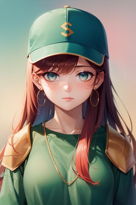 (masterpiece:1.1), (highest quality:1.1), (HDR:1.0), 1girl, glowing eyes, baseball hat, red hair, closed mouth, (shoulder armor:1.2), blue background, hat, hoop earrings, jewelry, looking at viewer, shirt, long hair, (simple background:0.8), (abstract background:1.2), solo, upper body, green shirt, gold trim, (luxury:0.8)