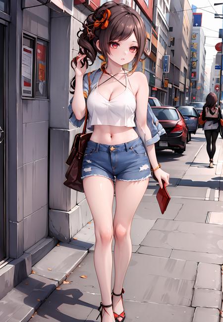 ((masterpiece,best quality)), 1girl, chiori, crop top, bare shoulders, cleavage, bare arms, denim, high heels, eyewear on head, street, depth of field,