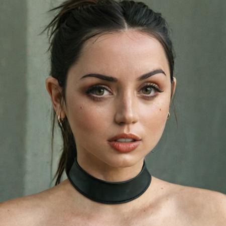 A portrait photo of Ana de Armas wearing no makeup, wearing a thin leather choker,f /2.8, Canon, 85mm,cinematic, high quality, skin texture, looking at the camera, skin imperfections <lora:ana_xl_8dim-000030:1>